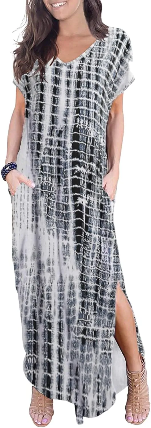 HOYISHION Women's Summer Maxi Dress Tie Dye Casual Loose V Neck Short Sleeve Long Beach Split Dress with Pockets