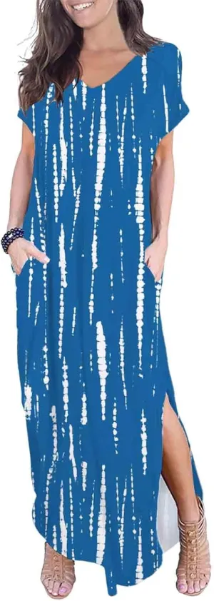 HOYISHION Women's Summer Maxi Dress Tie Dye Casual Loose V Neck Short Sleeve Long Beach Split Dress with Pockets