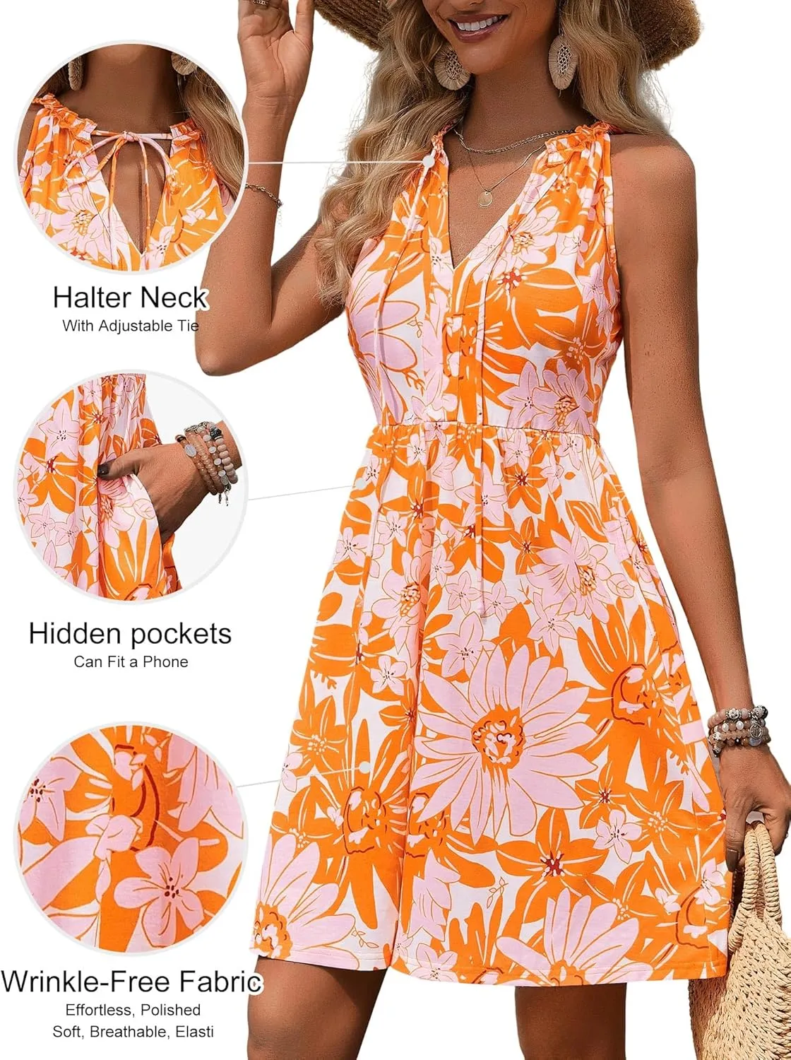 HUHOT Petite Women Teen Summer Halter Dress Vacation Mini Sundress with Pockets