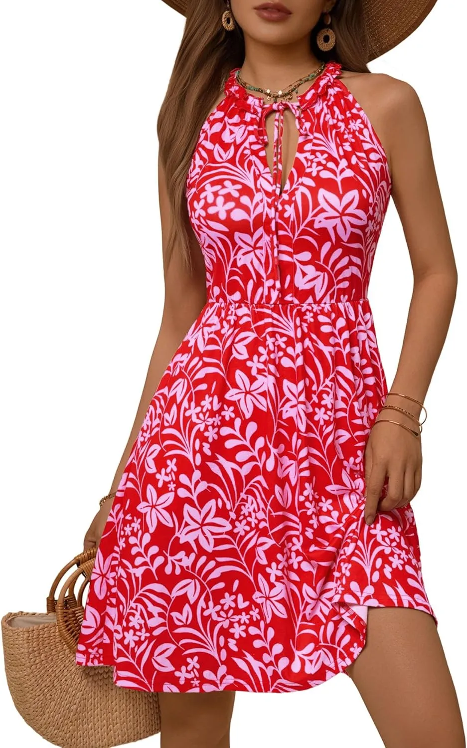 HUHOT Petite Women Teen Summer Halter Dress Vacation Mini Sundress with Pockets