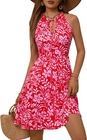 HUHOT Petite Women Teen Summer Halter Dress Vacation Mini Sundress with Pockets