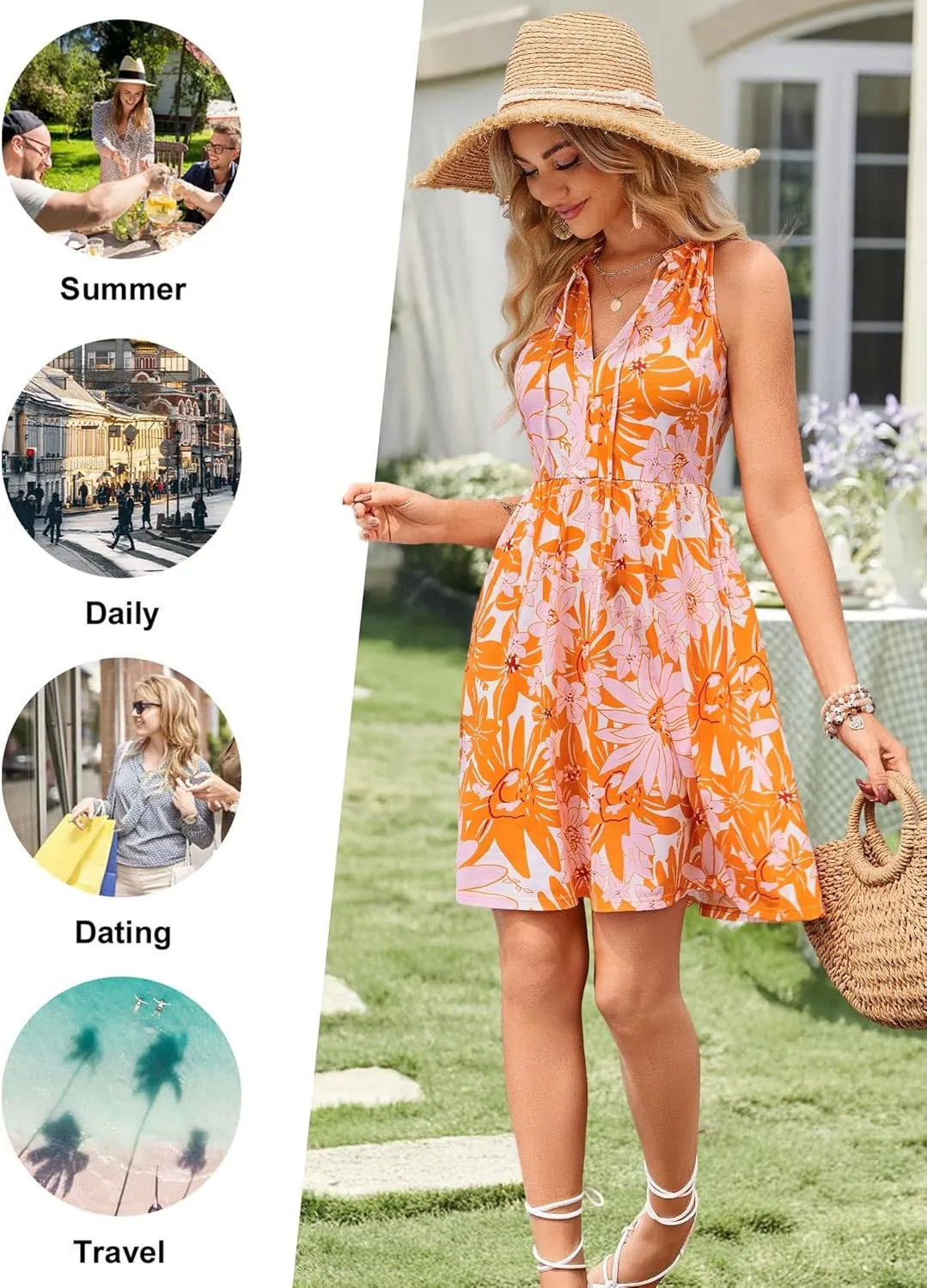 HUHOT Petite Women Teen Summer Halter Dress Vacation Mini Sundress with Pockets