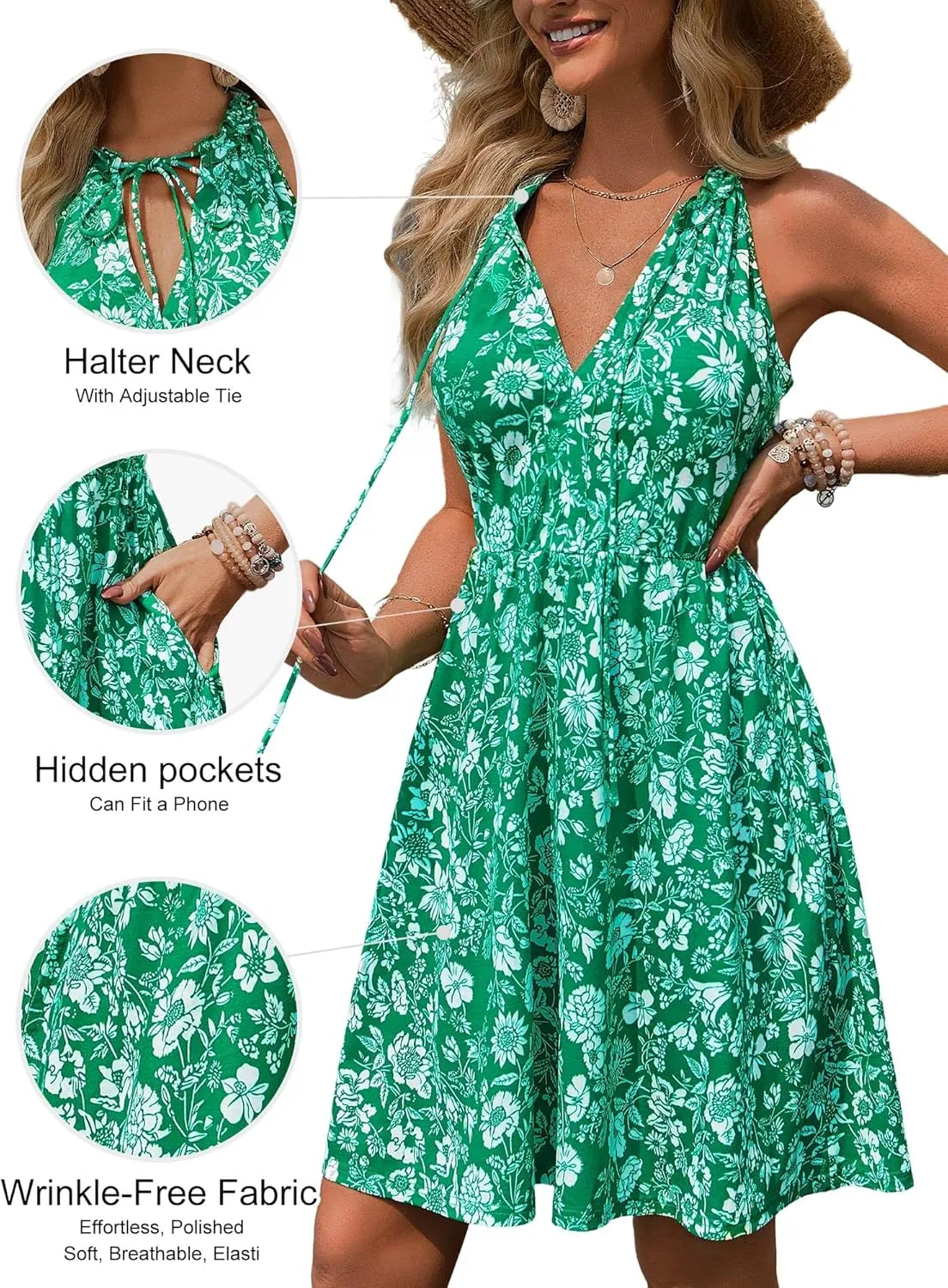 HUHOT Petite Women Teen Summer Halter Dress Vacation Mini Sundress with Pockets