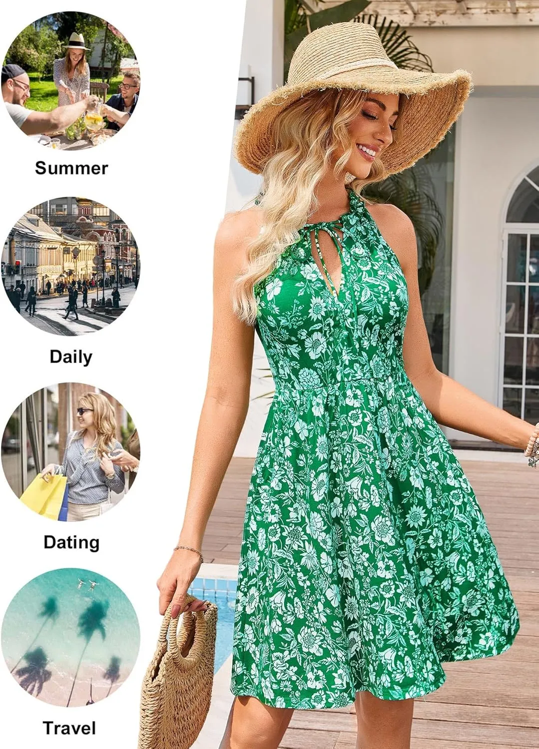 HUHOT Petite Women Teen Summer Halter Dress Vacation Mini Sundress with Pockets