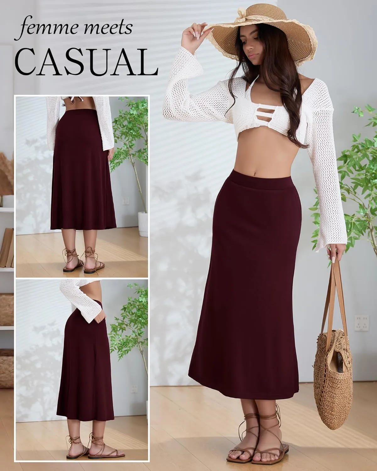 Huukeay 3 Pack Women's Midi Skirts with Pockets A Line Flared Stretchy High Waist Below Knee Skirt Dressy Summer Casual