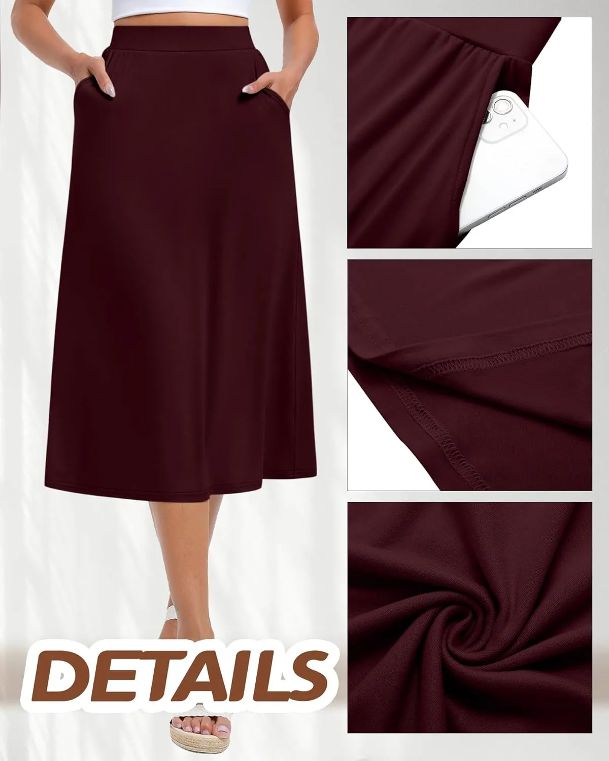 Huukeay 3 Pack Women's Midi Skirts with Pockets A Line Flared Stretchy High Waist Below Knee Skirt Dressy Summer Casual