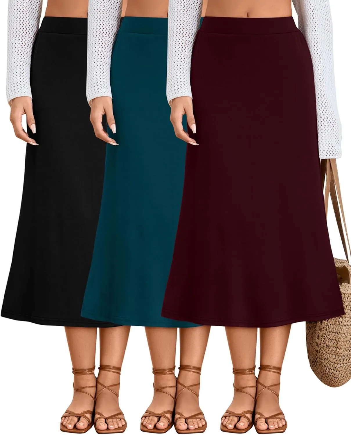 Huukeay 3 Pack Women's Midi Skirts with Pockets A Line Flared Stretchy High Waist Below Knee Skirt Dressy Summer Casual