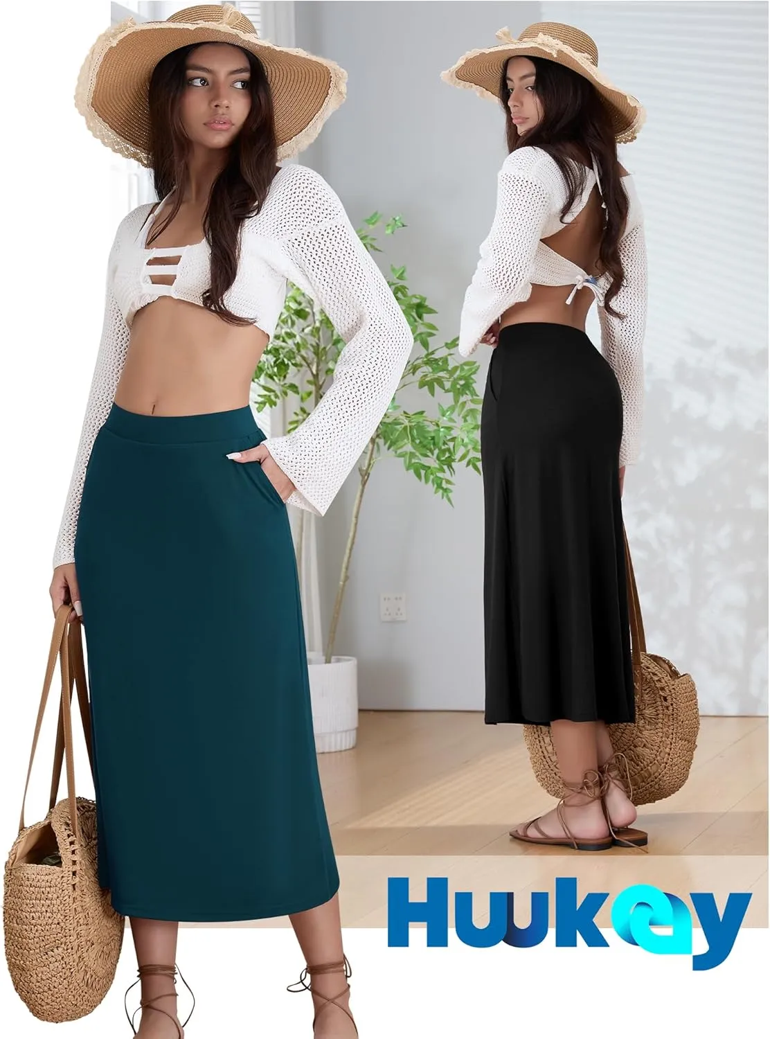 Huukeay 3 Pack Women's Midi Skirts with Pockets A Line Flared Stretchy High Waist Below Knee Skirt Dressy Summer Casual