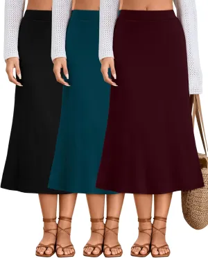 Huukeay 3 Pack Women's Midi Skirts with Pockets A Line Flared Stretchy High Waist Below Knee Skirt Dressy Summer Casual