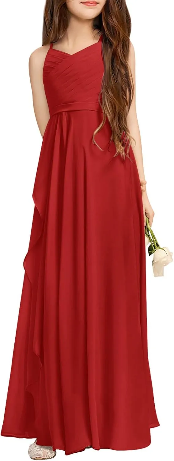 Imily Bela Girls A-Line Halter Dress Junior Bridesmaid Flower Girl Flowy Chiffon Maxi Dresses Wedding Party Pageant Gown
