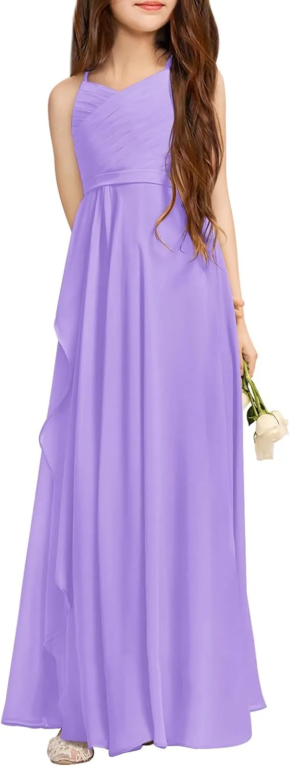 Imily Bela Girls A-Line Halter Dress Junior Bridesmaid Flower Girl Flowy Chiffon Maxi Dresses Wedding Party Pageant Gown