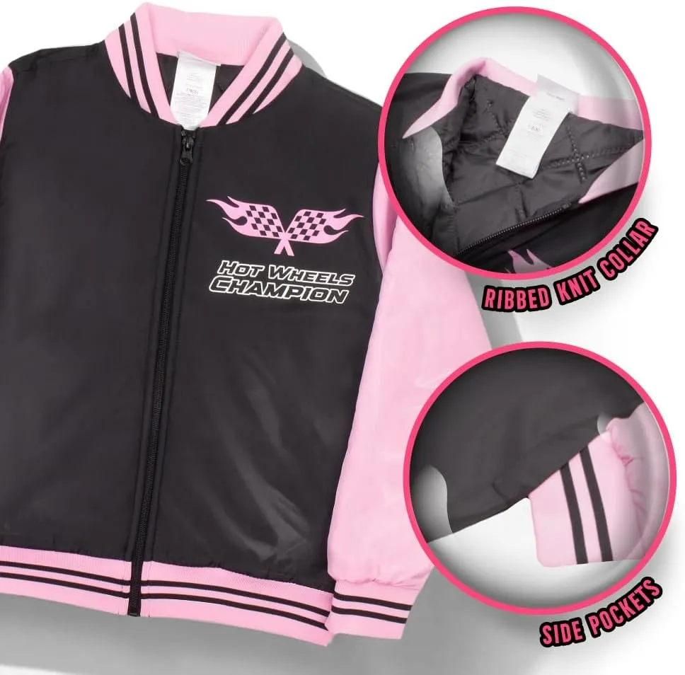 Isaac Morris Limited Hot Wheels Girls Bomber Jacket with Race Car Graphic Design Zip Up Varsity Jacket for Big Kids and Teens