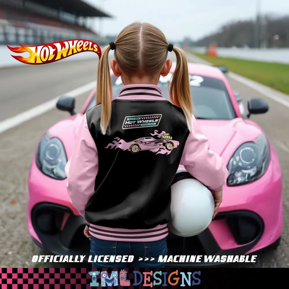 Isaac Morris Limited Hot Wheels Girls Bomber Jacket with Race Car Graphic Design Zip Up Varsity Jacket for Big Kids and Teens