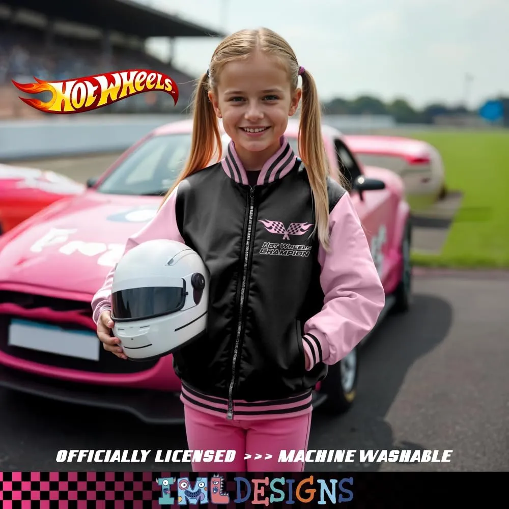 Isaac Morris Limited Hot Wheels Girls Bomber Jacket with Race Car Graphic Design Zip Up Varsity Jacket for Big Kids and Teens