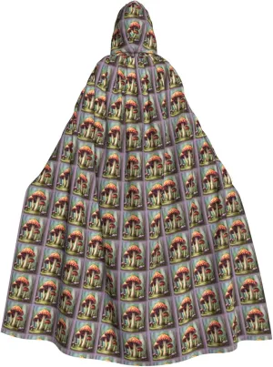 Japanese Painting mushroom print Hooded cape for adults, Oversized Hooded Cloak with Bow Tie, Adult party dress cape