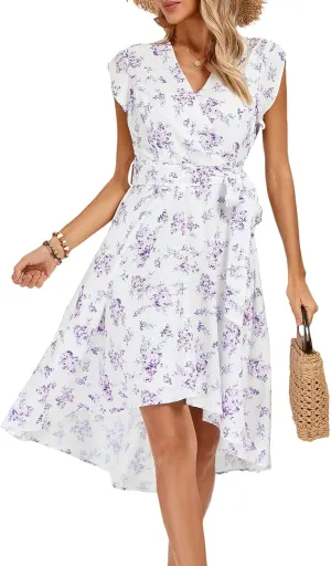 JASAMBAC Women's Floral High Low Dress for Wedding Guest Flowy Bohemian Empire Waist Swing Dress with Belt