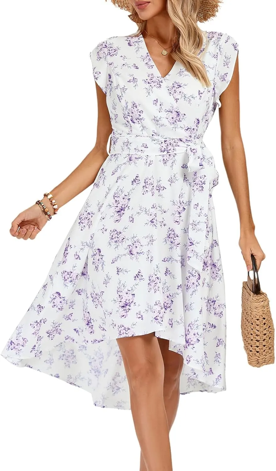 JASAMBAC Women's Floral High Low Dress for Wedding Guest Flowy Bohemian Empire Waist Swing Dress with Belt