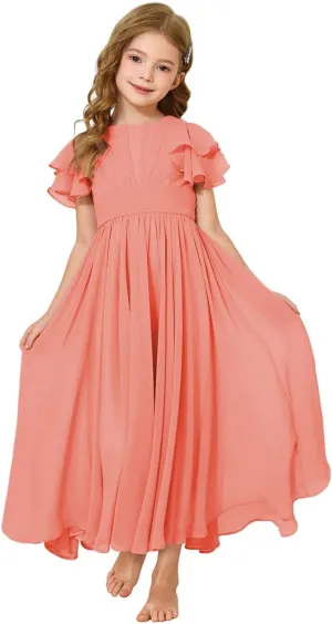 JISISANG Flower Girl Maxi Dress for Wedding Bridesmaids Flowy Chiffon Teens Ruffle Sleeve Formal Party Pageant Gown