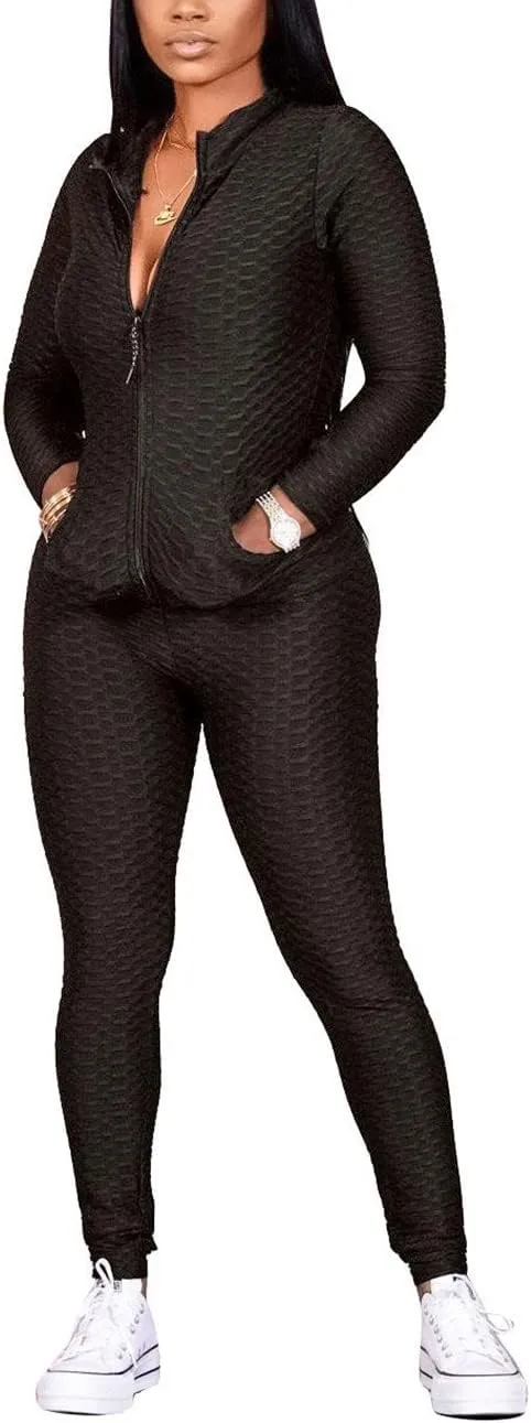 Jogging Suits for Women, Textured 2 Piece Outfit Long Sleeve Full Zip Jacket Skinny Pants Tracksuit Set