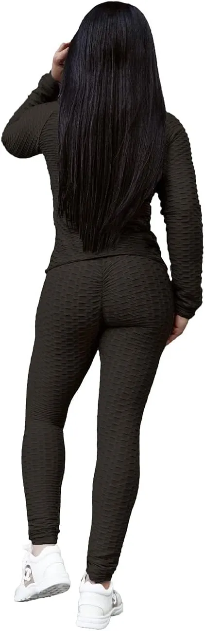 Jogging Suits for Women, Textured 2 Piece Outfit Long Sleeve Full Zip Jacket Skinny Pants Tracksuit Set