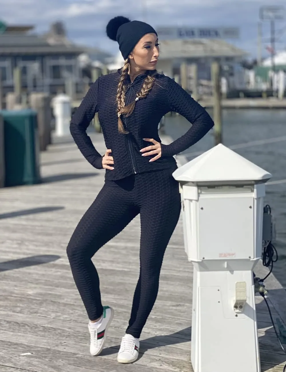 Jogging Suits for Women, Textured 2 Piece Outfit Long Sleeve Full Zip Jacket Skinny Pants Tracksuit Set