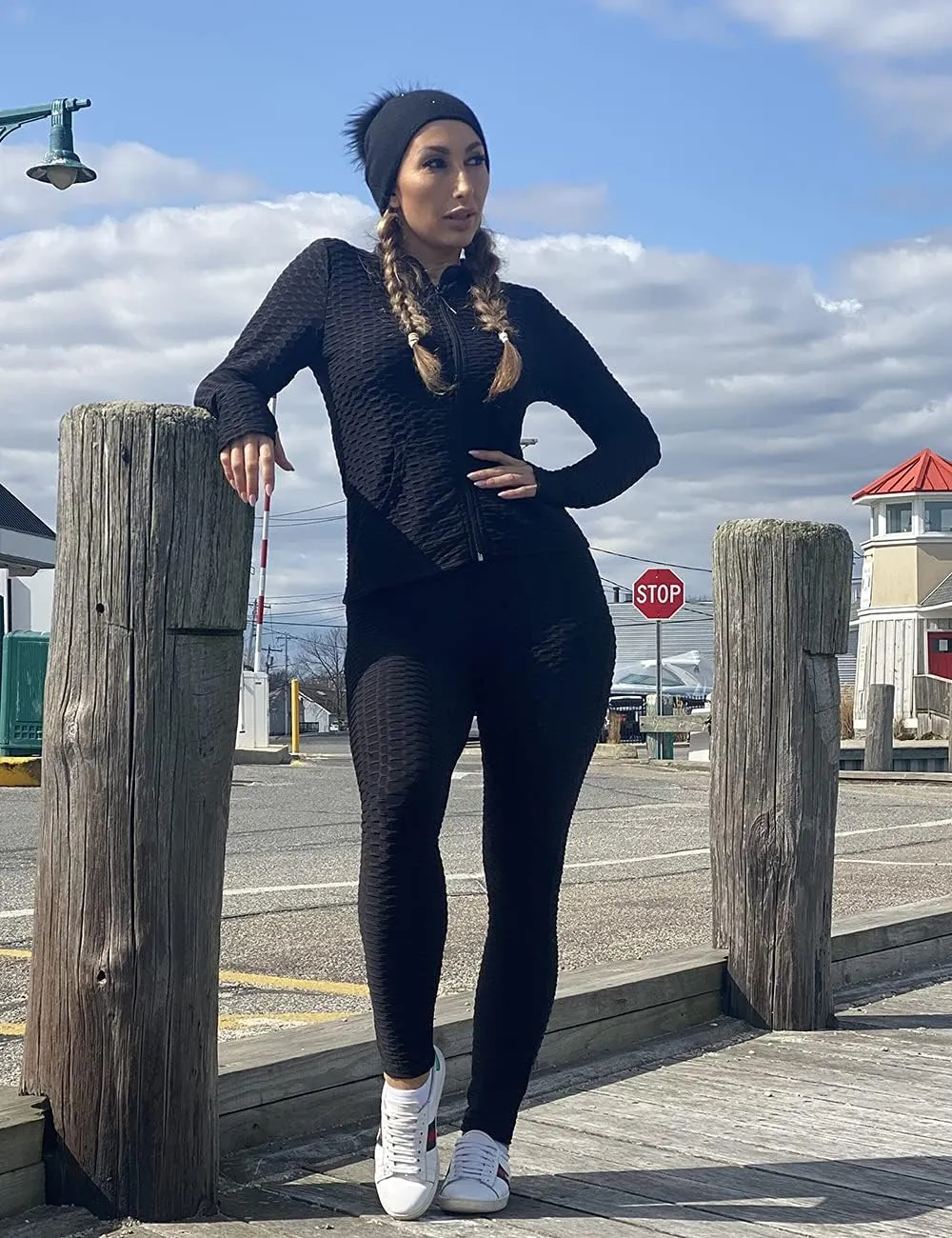 Jogging Suits for Women, Textured 2 Piece Outfit Long Sleeve Full Zip Jacket Skinny Pants Tracksuit Set
