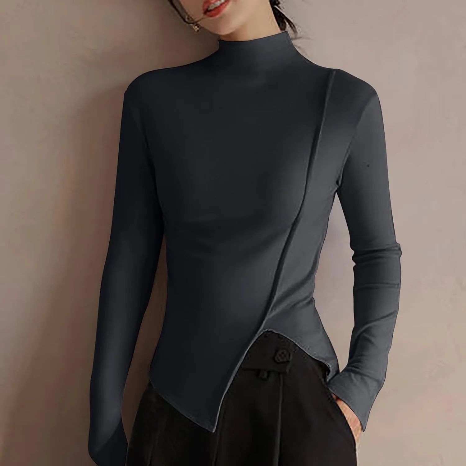 jovati Women's Fashion Casual Tunic Tops Long Sleeve Solid Turtleneck T-shirt Slim Fit Comfy Elegant Pullover Tops 2024