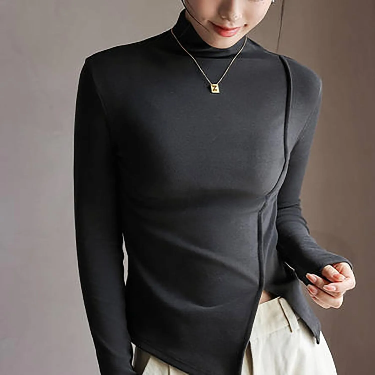 jovati Women's Fashion Casual Tunic Tops Long Sleeve Solid Turtleneck T-shirt Slim Fit Comfy Elegant Pullover Tops 2024