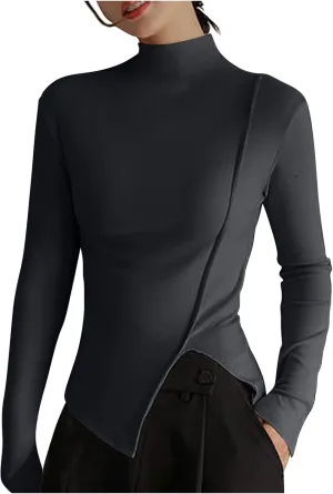 jovati Women's Fashion Casual Tunic Tops Long Sleeve Solid Turtleneck T-shirt Slim Fit Comfy Elegant Pullover Tops 2024