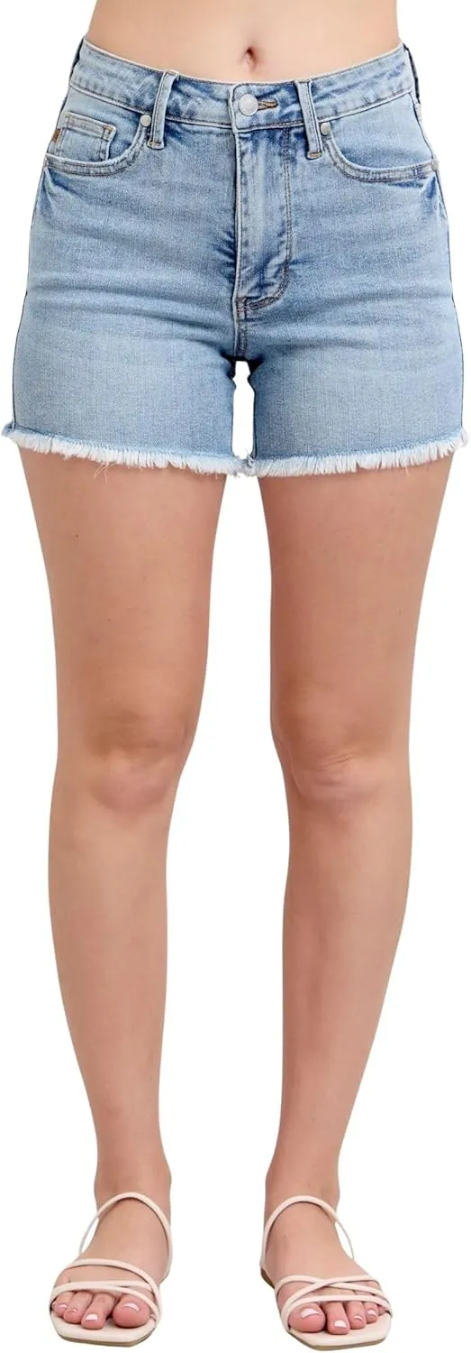 Judy Blue Women's High-Rise Tummy Control Lightly Distressed Fray Hem Denim Shorts