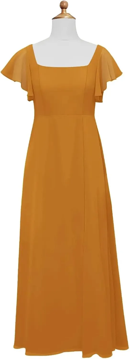 Junior Girls Bridesmaid Dress for Wedding Chiffon Short Sleeve Flower Girl Dresses for Teen with Slit JR001