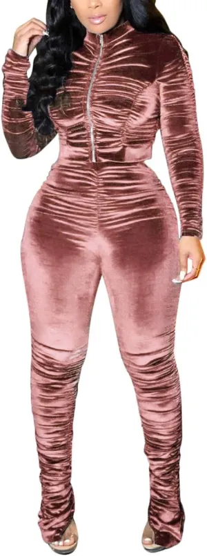 KANSOON Track Suits for Women Set 2 Piece Sweatsuits Outfits Velour Ruched Long Sleeve Zip Up Jacket and Pants Sets
