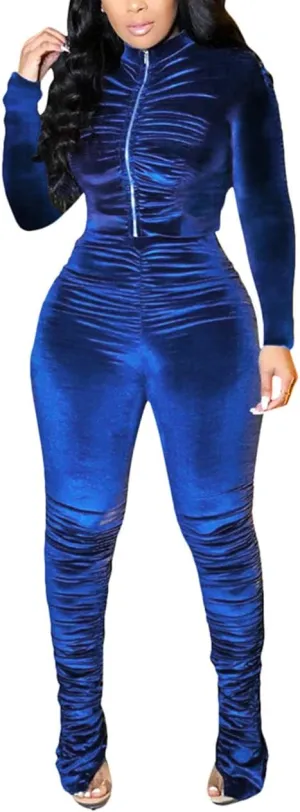 KANSOON Track Suits for Women Set 2 Piece Sweatsuits Outfits Velour Ruched Long Sleeve Zip Up Jacket and Pants Sets