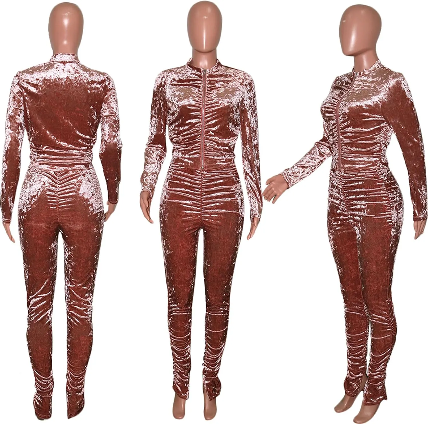 KANSOON Track Suits for Women Set 2 Piece Sweatsuits Outfits Velour Ruched Long Sleeve Zip Up Jacket and Pants Sets