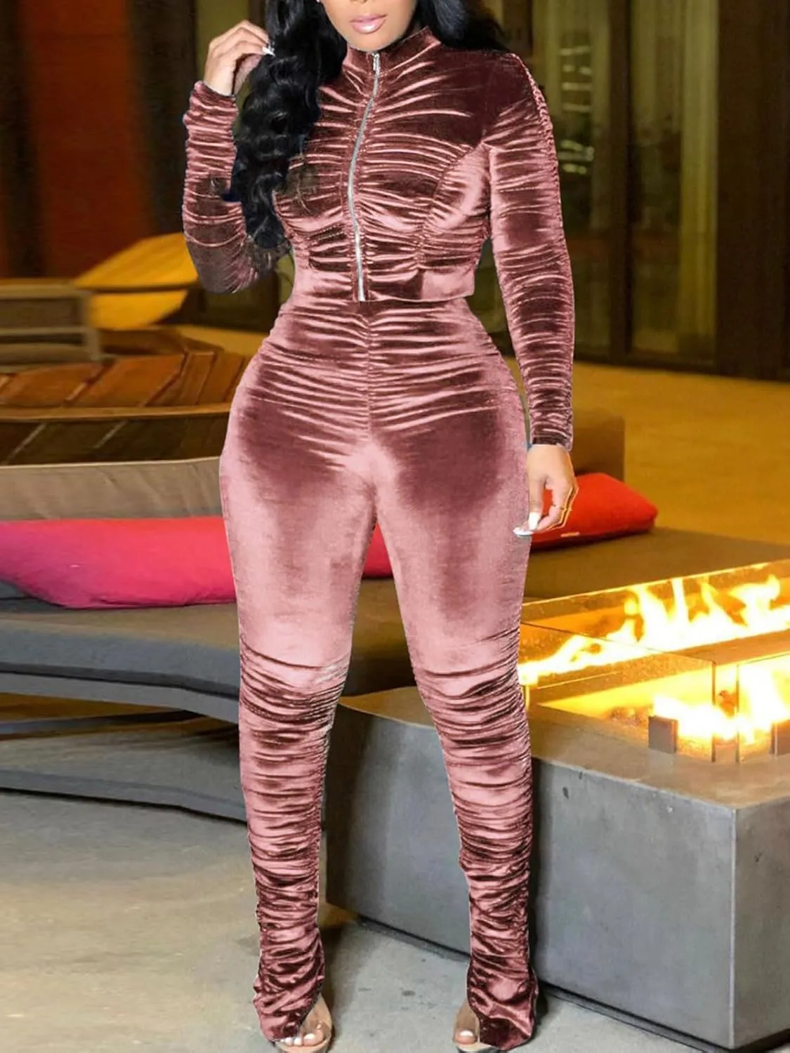 KANSOON Track Suits for Women Set 2 Piece Sweatsuits Outfits Velour Ruched Long Sleeve Zip Up Jacket and Pants Sets