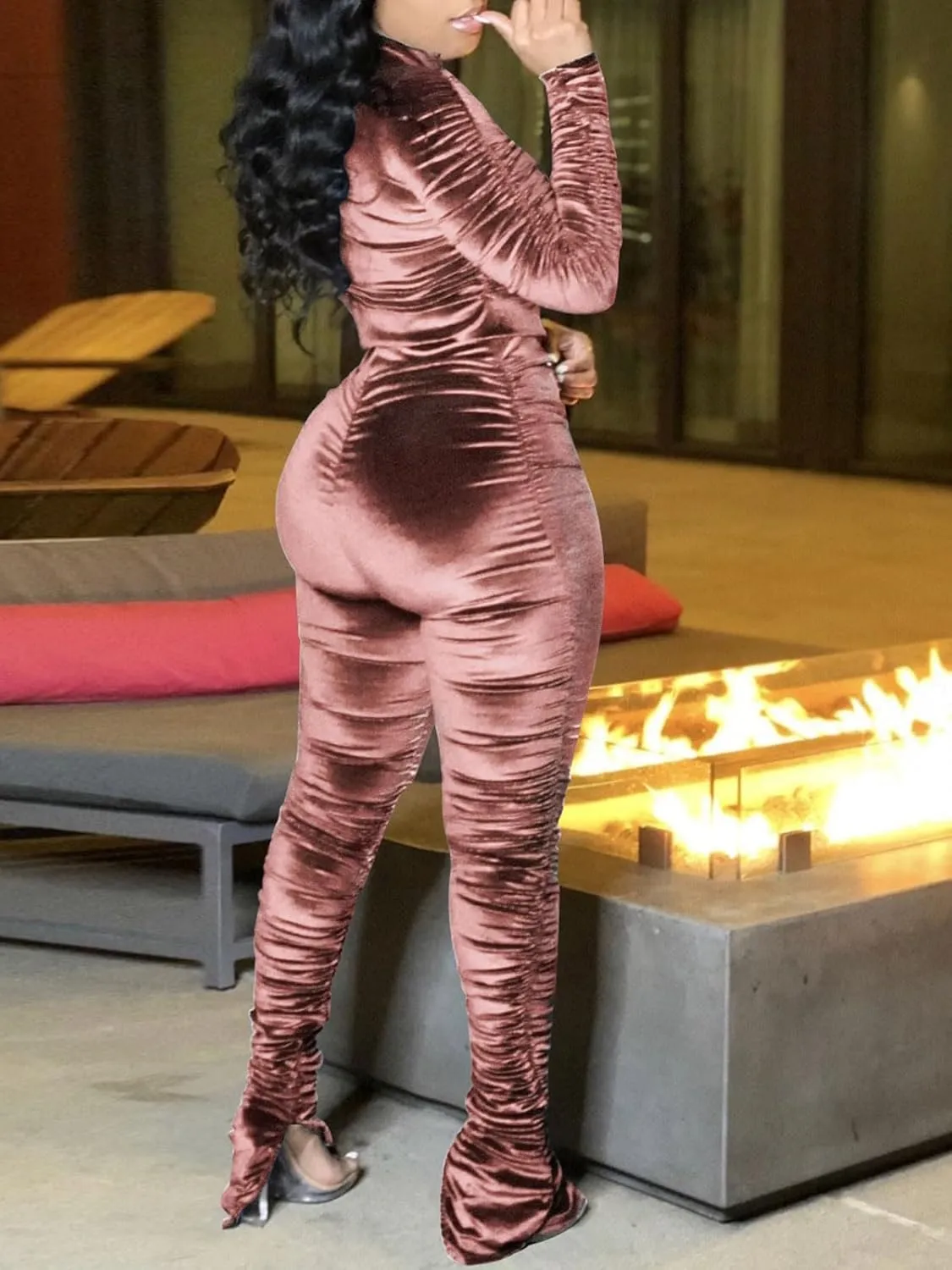 KANSOON Track Suits for Women Set 2 Piece Sweatsuits Outfits Velour Ruched Long Sleeve Zip Up Jacket and Pants Sets