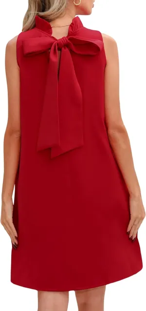 Kedera Women's Summer Casual Mini Dress Ruffle Mock Neck Sleeveless Loose Dress Swing Solid Shift Dress with Bow
