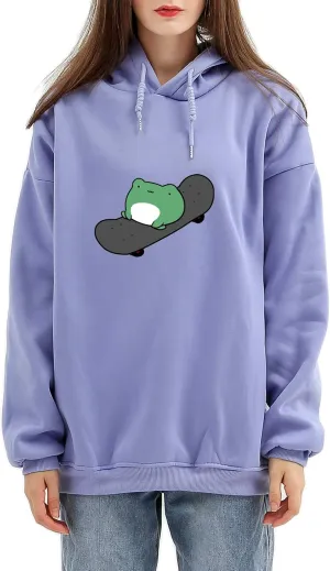 KEEVICI Women's Cute Sweatshirts Skateboarding Frog Long Sleeve Hoodie Pullover Tops