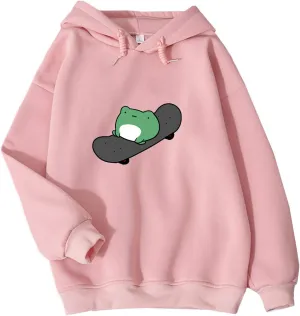 KEEVICI Women's Cute Sweatshirts Skateboarding Frog Long Sleeve Hoodie Pullover Tops