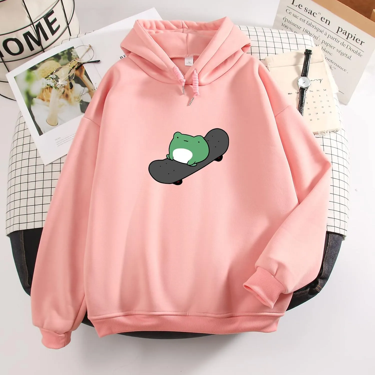 KEEVICI Women's Cute Sweatshirts Skateboarding Frog Long Sleeve Hoodie Pullover Tops