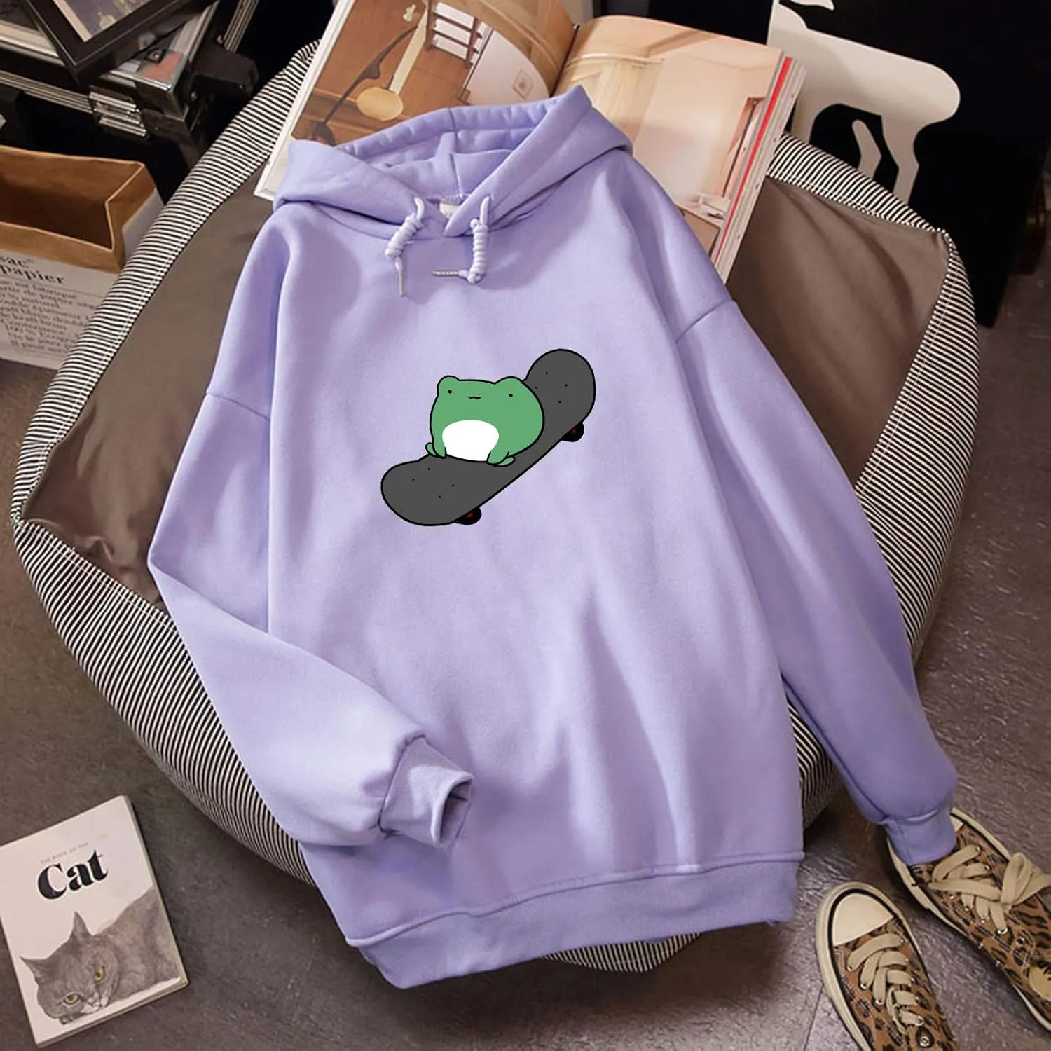 KEEVICI Women's Cute Sweatshirts Skateboarding Frog Long Sleeve Hoodie Pullover Tops