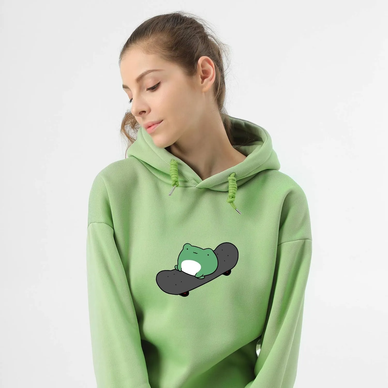 KEEVICI Women's Cute Sweatshirts Skateboarding Frog Long Sleeve Hoodie Pullover Tops