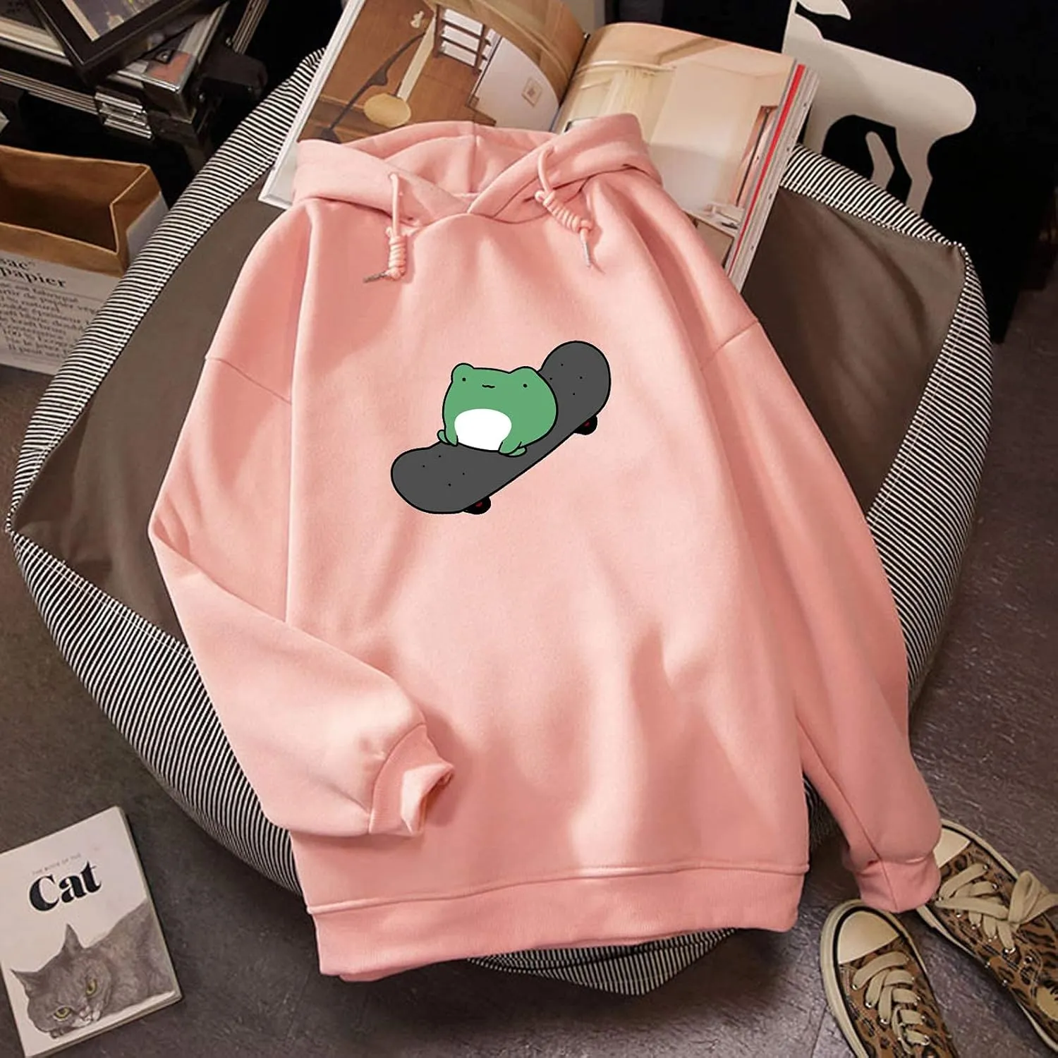 KEEVICI Women's Cute Sweatshirts Skateboarding Frog Long Sleeve Hoodie Pullover Tops