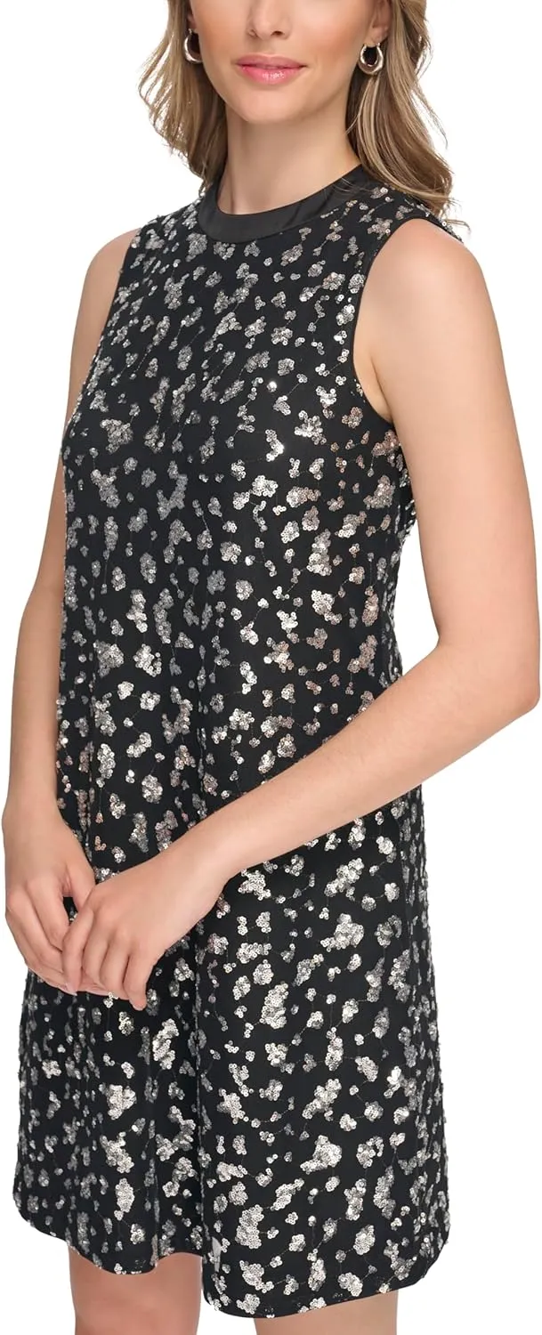 kensie Women's Sleeveless High Neck Sequin Shift Mini Dress