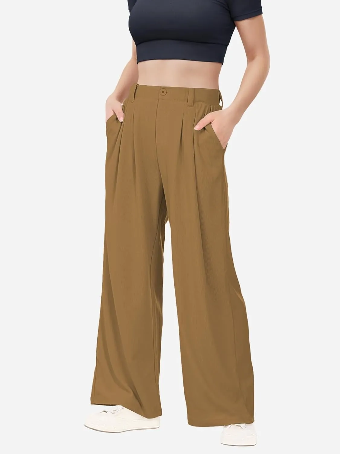 keriffe Womens Wide Leg Work Pants Waffle Knit High Waisted Button Down Casual Dress Palazzo Trousers Pockets