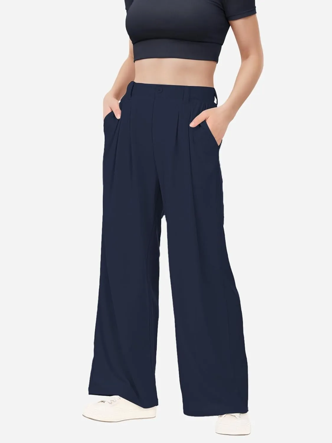 keriffe Womens Wide Leg Work Pants Waffle Knit High Waisted Button Down Casual Dress Palazzo Trousers Pockets