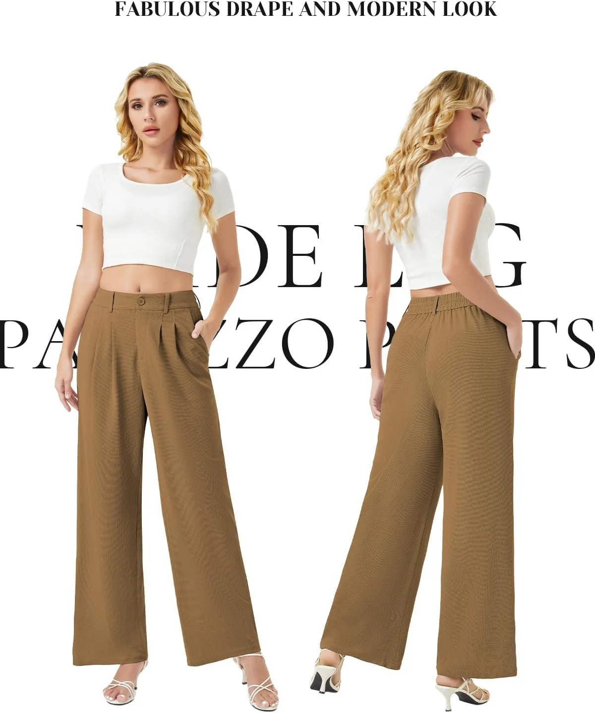 keriffe Womens Wide Leg Work Pants Waffle Knit High Waisted Button Down Casual Dress Palazzo Trousers Pockets