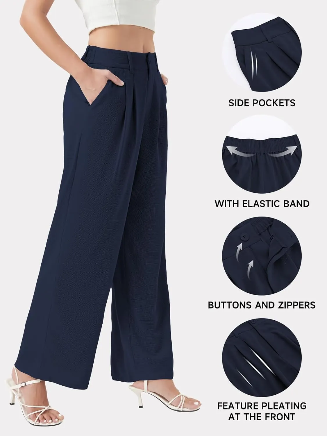 keriffe Womens Wide Leg Work Pants Waffle Knit High Waisted Button Down Casual Dress Palazzo Trousers Pockets