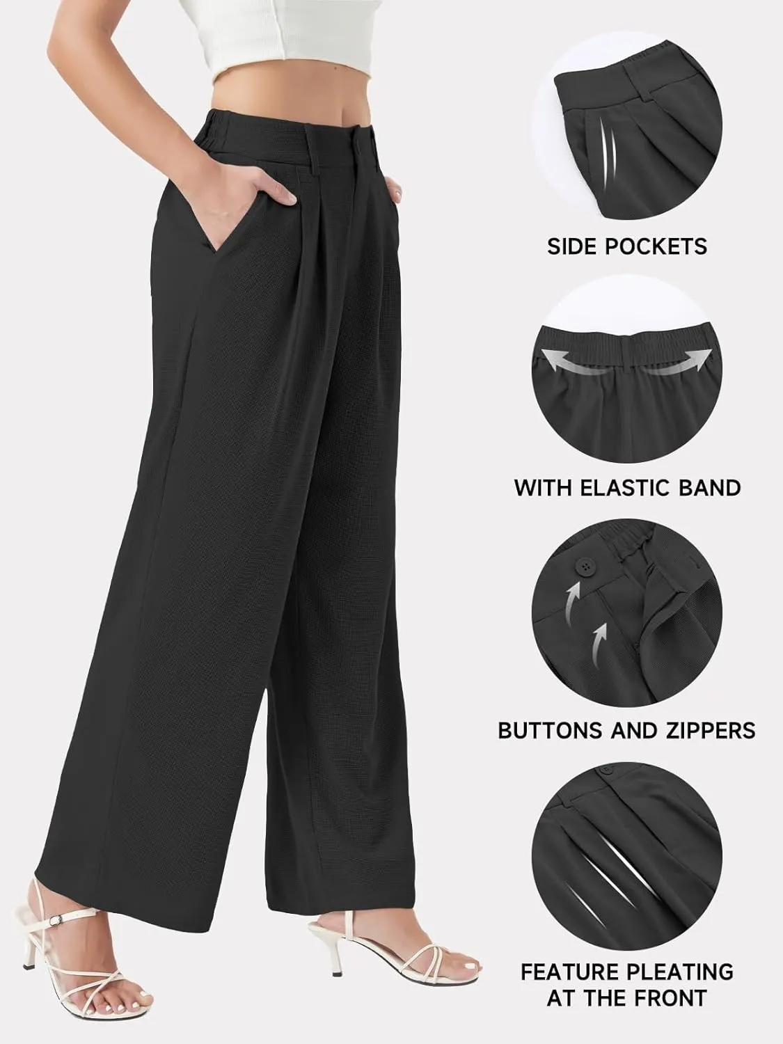 keriffe Womens Wide Leg Work Pants Waffle Knit High Waisted Button Down Casual Dress Palazzo Trousers Pockets