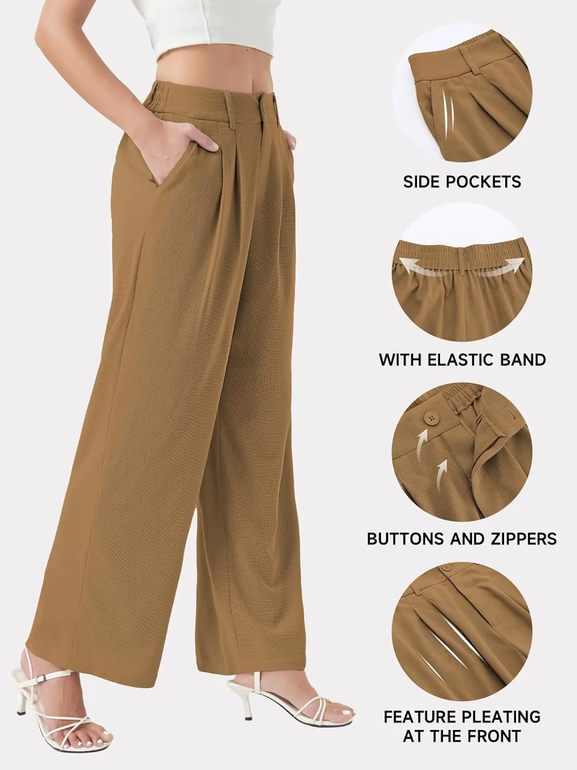 keriffe Womens Wide Leg Work Pants Waffle Knit High Waisted Button Down Casual Dress Palazzo Trousers Pockets